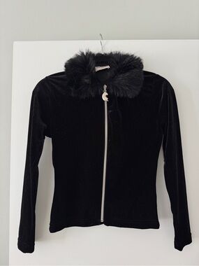 SANDRO Black Velvet Faux Fur Collar Top